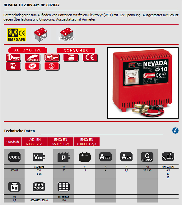Hier wird das Datenblatt für das Batterieladegerät Nevada 10 230V von Telwin als Bild angezeigt
