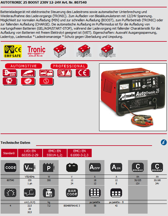 Kfz Batterie Ladegerät 12V-24V Autotronic 25 Boost 230V Telwin Kfz Batterie Ladegerät 12V/24V Autotronic 25 Boost 230V Telwin