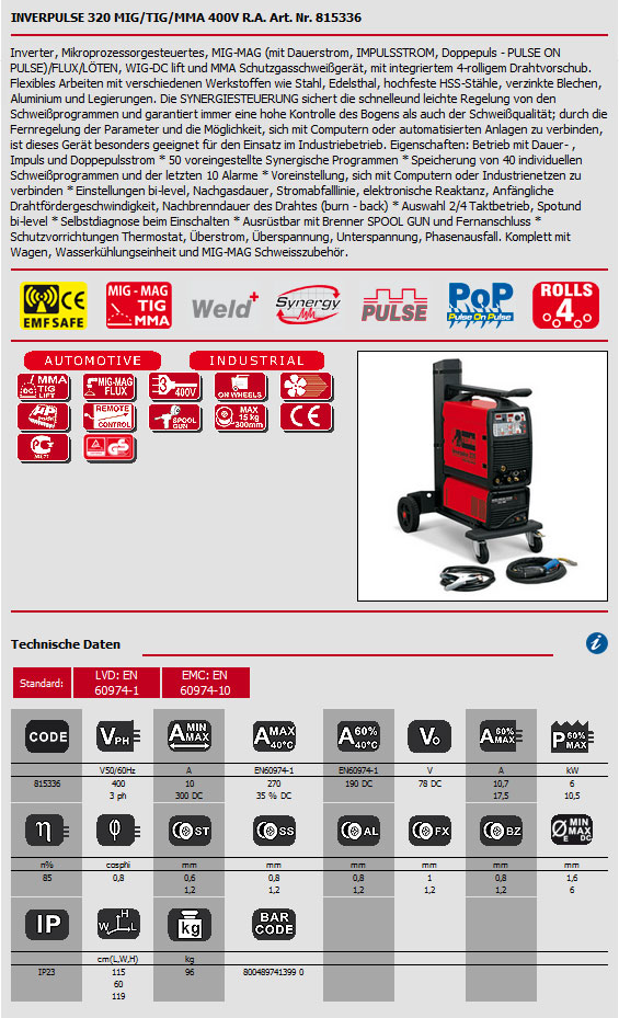 Hier wird das Datenblatt für das MIG/MAG Schweißgerät Inverpulse 320 MIG/TIG/MMA 400V+ACC. R.A. von Telwin als Bild angezeigt