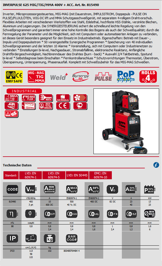 Hier wird das Datenblatt für das MIG/MAG Schweißgerät Inverpulse 625 MIG/TIG/MMA 400V+ACC. von Telwin als Bild angezeigt