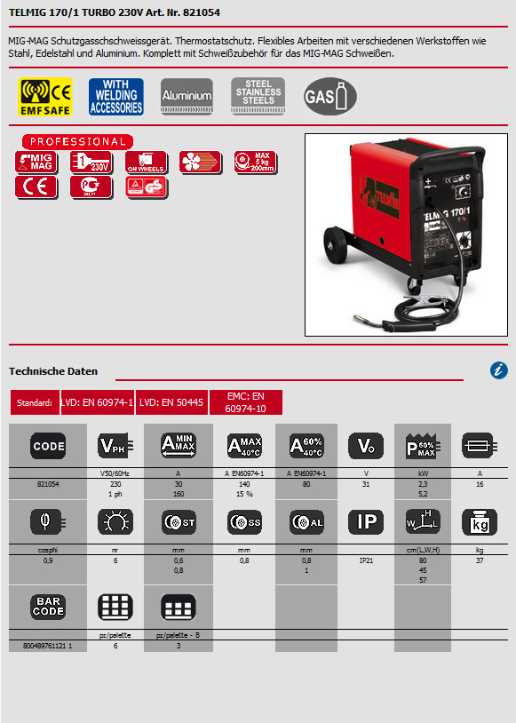 Hier wird das Datenblatt für das MIG/MAG Schweißgerät Telmig 170/1 Turbo 230V von Telwin als Bild angezeigt