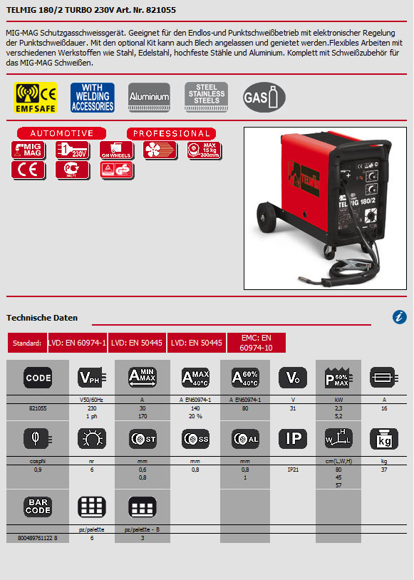 Hier wird das Datenblatt für das MIG/MAG Schweißgerät Telmig 180/2 Turbo 230V von Telwin als Bild angezeigt