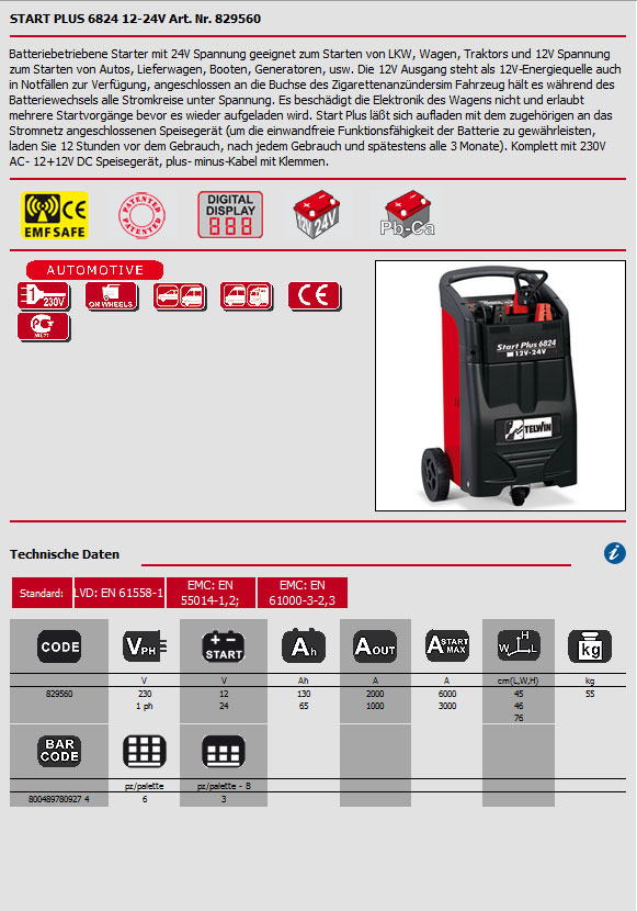 batteriebetriebene Starthilfe 12V/24V Starthilfe batteriebetrieben Starter Plus 6824 12V/24V von Telwin, technische Daten