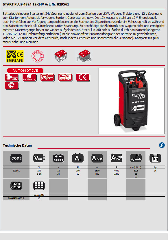 Hier wird das Datenblatt für das Batterieladegerät Starter Plus 4824 12-24V von Telwin als Bild angezeigt