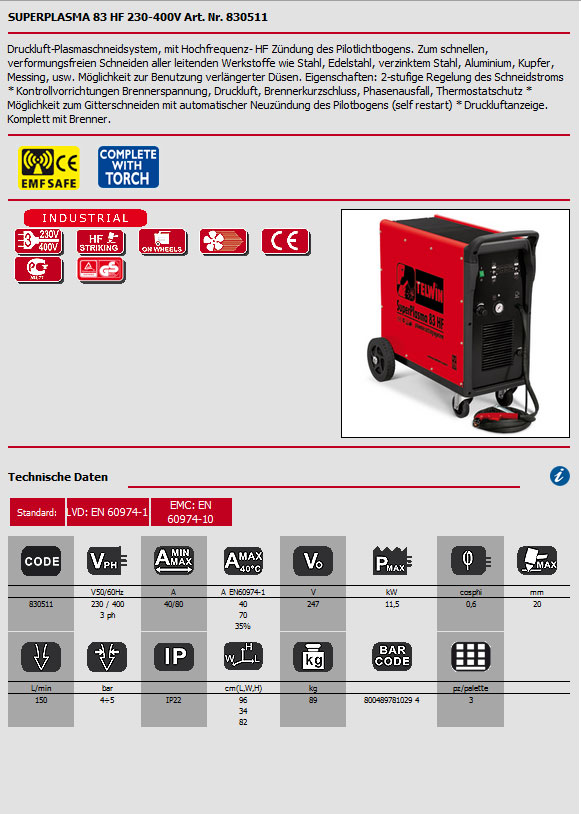 Plasmaschneidgerät Superplasma 83 HF Plasmaschneidgerät Superplasma 83 HF 230V/400V von Telwin, technische Daten