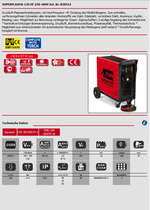 TELWIN Plasmaschneidgerät Superplasma 130 HF 230/400V, technische Daten