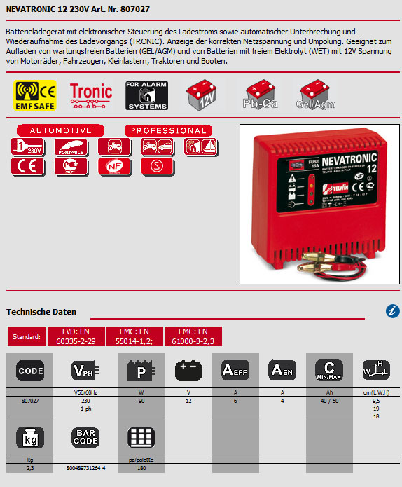 Auto Ladegerät 12V GEL/AGM WETNevatronic 12 - 230V Telwin Auto Ladegerät 12V Nevatronic 12 - 230V Telwin