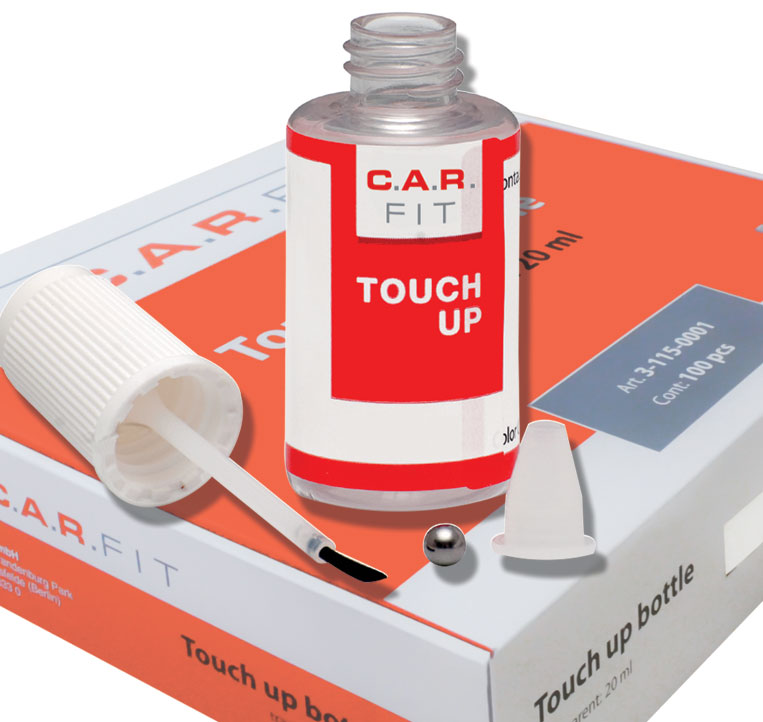 Autolackstift mit Pinsel, Pinselflasche mit Mischkugel für Lack, Pinselfläschchen als Lackstift für Smartrepair Ein Umkarton, darauf steht eine Pinselflasche mit Mischkugel für Autolack, Pinselfläschchen als Autolackstiftmit Pinsel für Smartrepair