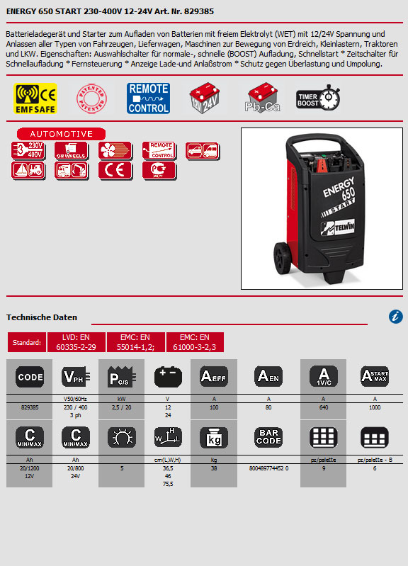 Batterieladegerät mit Starthilfe 12V/24V WET Batterie Energy 650 Start von Telwin