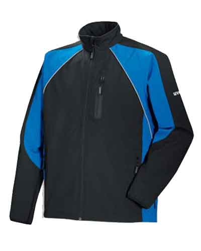 Softshelljacke für Herren von uvex. Modisch, sportlicher Schnitt, wasserdichter Reißverschluß, atmungsaktiv. Softshelljacke für Herren von uvex in der Farbe schwarz/blau