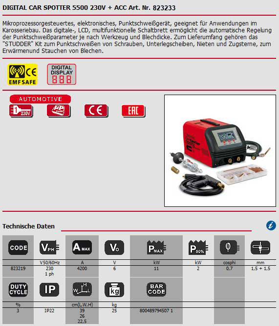 Datenblatt für das Bolzen- und Punktschweißgerät Digital Car Spotter 5500 230V von Telwin