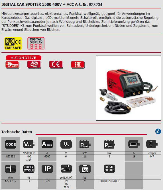 Hier wird das Datenblatt für den Digital Car Spotter 5500 von Telwin als Bild angezeigt