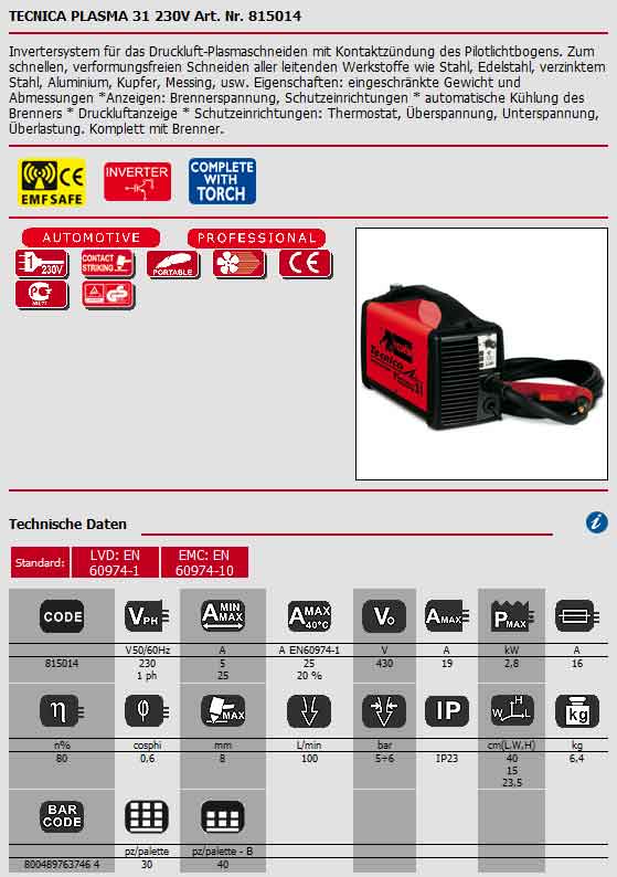 Hier wird das Produkt TELWIN Plasmaschneidgerät Tecnica Plasma 31 230V von Telwin als Bild angezeigt