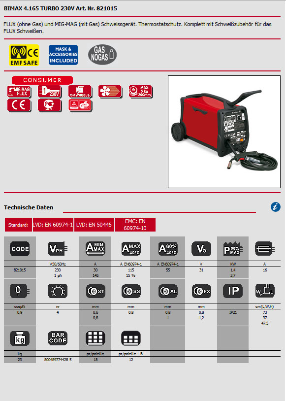 Fülldraht Schweißgerät ohne Gas und MIG/MAG mit Gas Fülldraht Schweißgerät ohne Gas, MIG/MAG mit Gas Bimax 4.165 Turbo 230V von Telwin Datenblatt