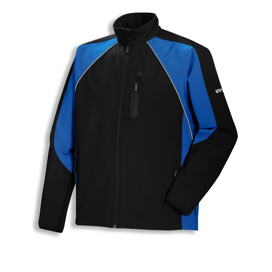 Herren Softshelljacke von uvex. Modisch, sportlicher Schnitt, wasserdichter Reißverschluß, atmungsaktiv. Herren Softshelljacke von uvex in der Farbe schwarz/blau