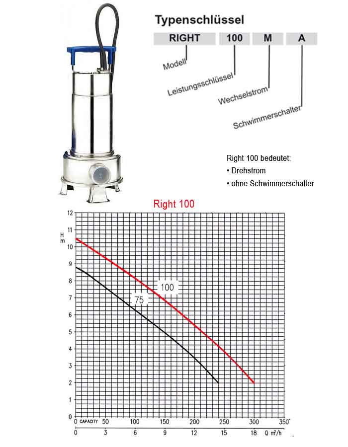 Kennlinie der Tauchmotorpumpe Ebara Right 100