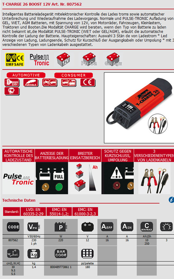 Ladegerät Blei-Gel Akku und WET 12V 12 Volt Spannung, Erhaltungsladen T-Charge 26 Boost Ladegerät Blei-Gel Akku und WET 12V 12 Volt Spannung, Erhaltungsladen T-Charge 26 Boost