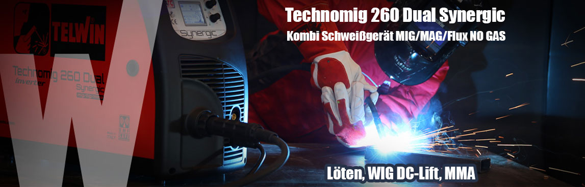 Die Technomig 260 Dual Synergic ist ein MIG/MAG Flux NO GAS Kombi Schweißgerät mit Inverter-Technik. Außerdem kann auf WIG DC-Lift, MMA, Löten umgerüstet werden. Mit ATC Funktion, Synergie-Kurven und vieles mehr