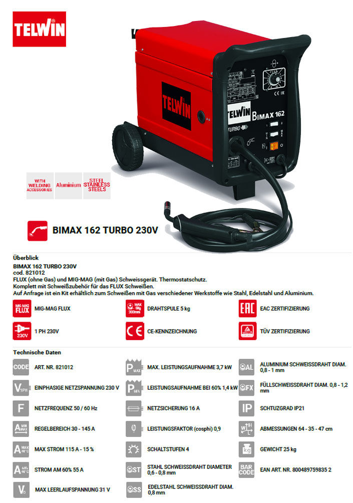 MIG/MAG Schutzgas Schweißgerät, Fülldraht-Schweißgerät Bimax 162, 145A, 230 Hier wird das Datenblatt für das MIG/MAG Fülldraht Schweißgerät 230V von Telwin als Bild angezeigt
