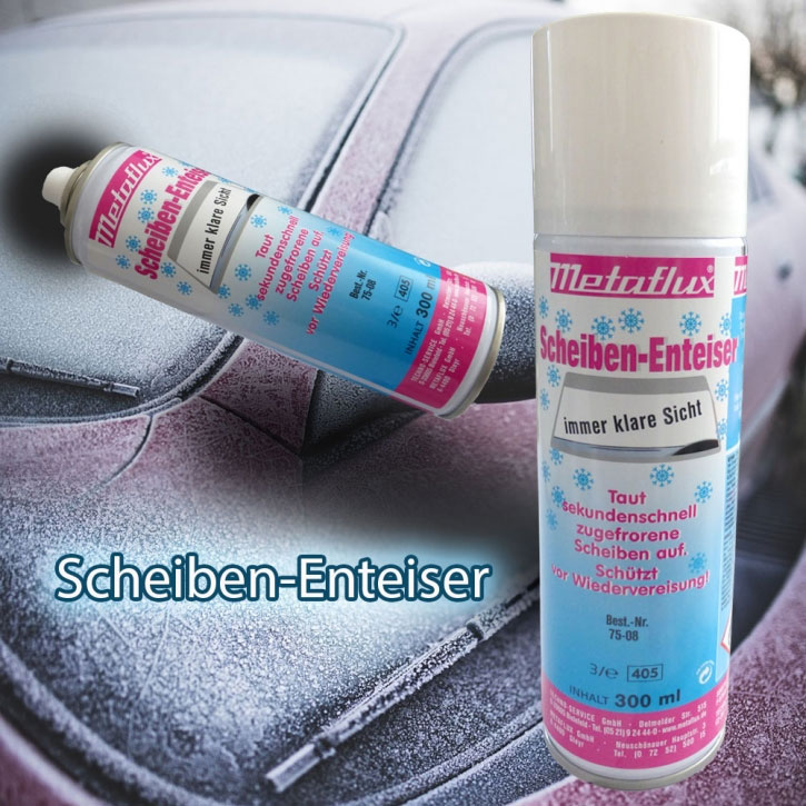 Zum Scheiben enteisen bieten wir das Scheibenenteiser Spray bzw. das Scheiben Enteiserspray von Metaflux mit der Artikelnummer 75-08 an. Autoscheiben schnell vom Eis befreien!