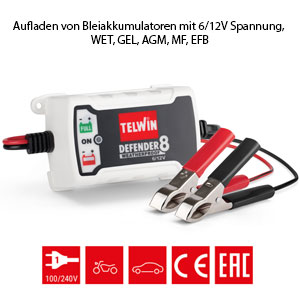 Ladegerät für GEL Batterien, GEL-Batterie Ladegerät Defender 8 von Telwin, 6V, 12V Auto, Motorrad