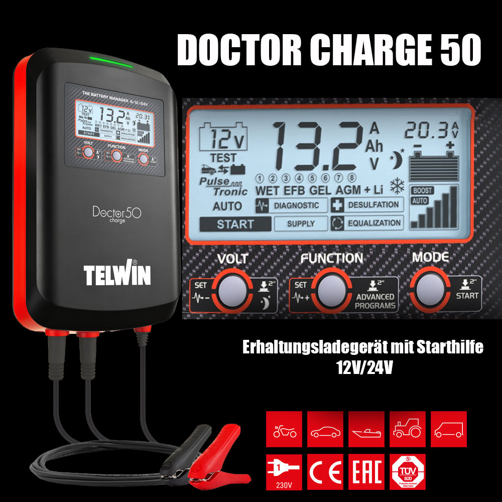 Telwin Doctor Charge 50 Erhaltungsladegerät, Batterieladegerät Starthilfe
