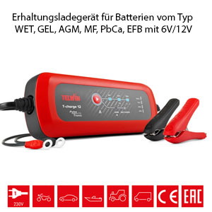 Erhaltungsladegerät T-Charge 12 für 6V 12V Volt Batterien WET, GEL, AGM, Pb-Ca, EFB, MF