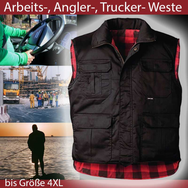 Arbeitsweste Herren mit Nierenschutz | Anglerweste kariert | bis 4XL