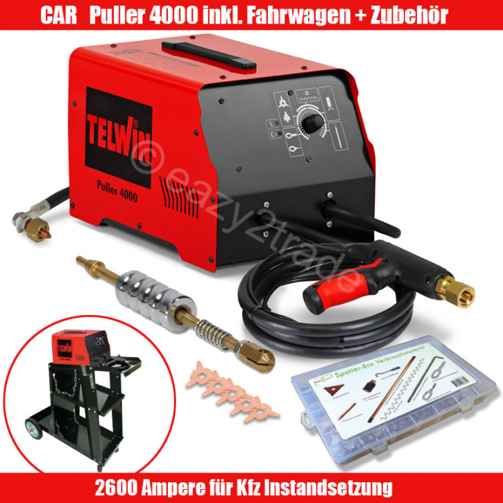 Ausbeulspotter 2600A Car Puller 4000 Telwin 230V | inkl. Fahrwagen u. 75 tlg. Spotter Zubehör Box