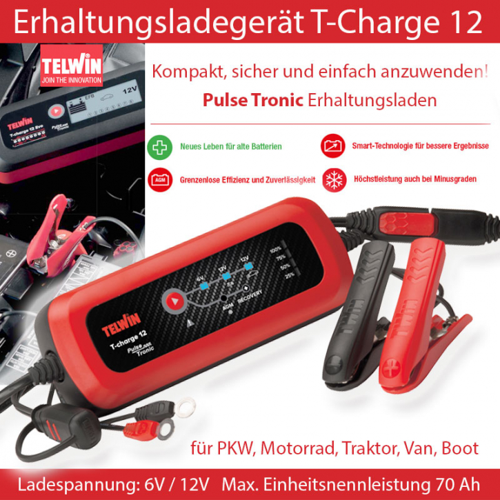 Erhaltungsladegerät 6V/12V Pulse Tronic 70 Ah Ladegerät für Autobatterie PKW, Motorrad, Traktor, Van, T-Charge 12