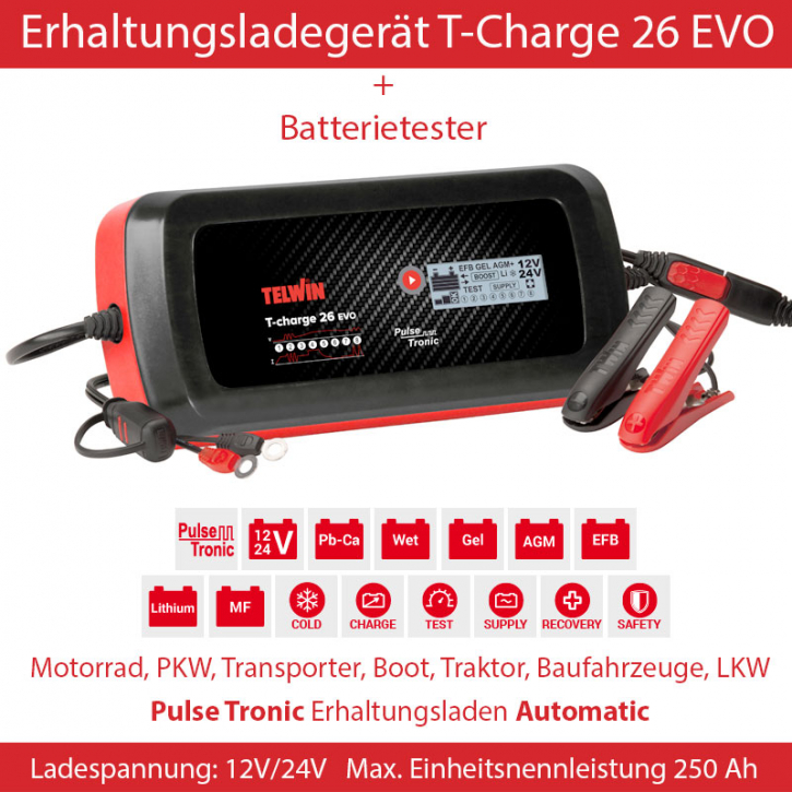 Erhaltungsladegerät + Batterietester 12V/24V Kfz Batterie-Ladegerät mit Pulse Tronic T-Charge 26 Evo