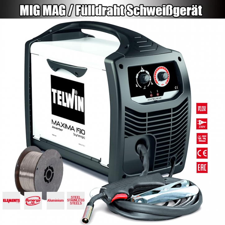 Fülldraht Schweißgerät + MIG/MAG DC Inverter | inkl. 0,8 mm Fülldraht-Rolle | Maxima 190 Synergie 170 A