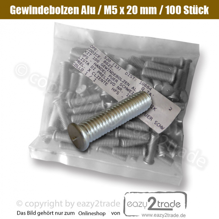 Gewindebolzen M5x20 mm (Al) | Alu-Bolzen 100 Stück | für Alu-Spotter oder Bolzenschweißgerät
