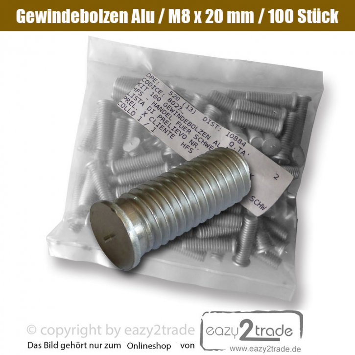 Schweißbolzen M8 x 20 mm aus Aluminium (Alu) Bolzen für Bolzenschweißgerät bzw. Alu Spotter | 100 Stück