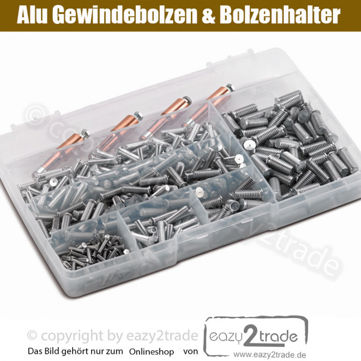 Schweißbolzen Gewinde Box Set M3, M5, M6, M8 Aluminium (Alu) mit Bolzenhalter zum Bolzenschweißen