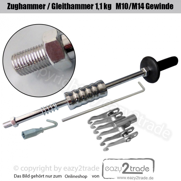 Gleithammer 1,1kg mit Zugkralle 1, 6 Haken, Zugstange 210mm für Anschweißösen