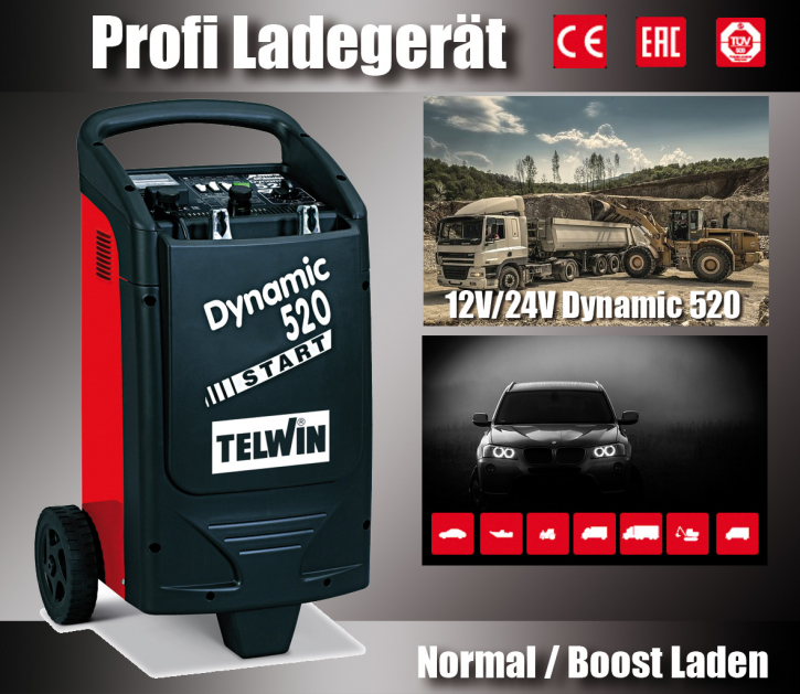 Profi Batterieladegerät mit Starthilfe 12V 24V | für Fahrzeuge mit WET Batterie | Dynamic 520 Start