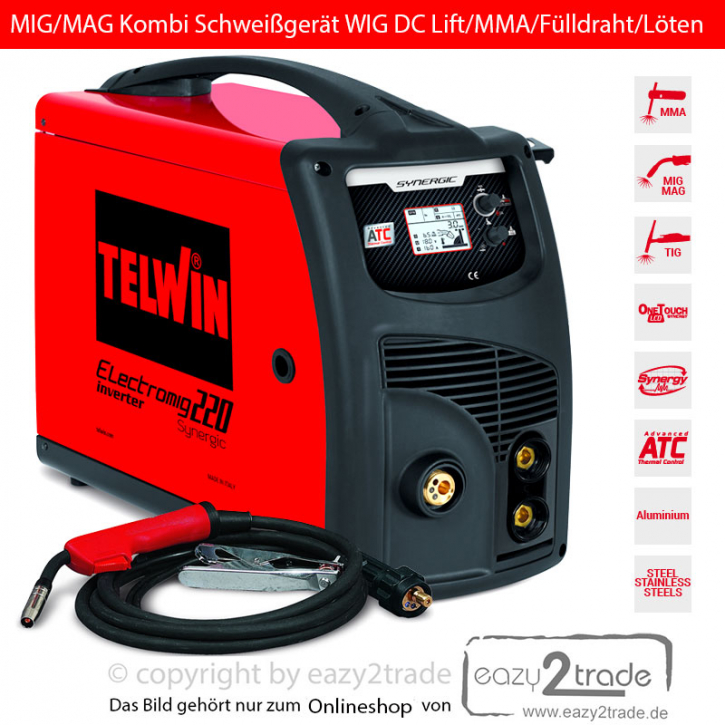 MIG-MAG Schweißgerät Inverter max. 230A/400V | Kombi Schweißgerät WIG DC-Lift, E-Hand, Fülldraht, Löten | Electromig 220 Synergic Telwin