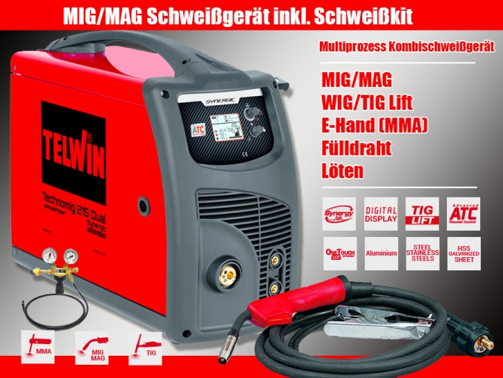 MIG/MAG Schweißgerät Multiprozess- Kombi- Schweißgerät 220A Technomig 215 Dual Synergic