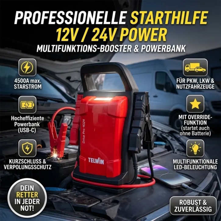 Telwin Drive Pro 4024 - Professionelles 12V/24V Starthilfegerät & Jumpstarter