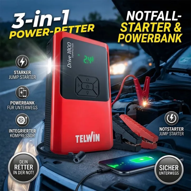 Drive 1800 mit Kompressor, 12V Starthilfe & Powerbank | Telwin