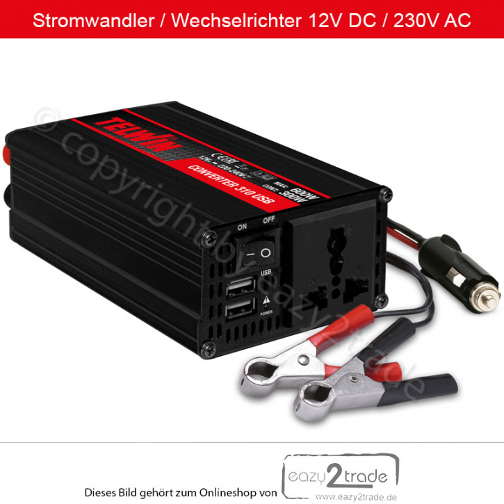 Stromumwandler Wechselrichter Converter 310 USB 12V DC/230V AC | 300-600 Watt