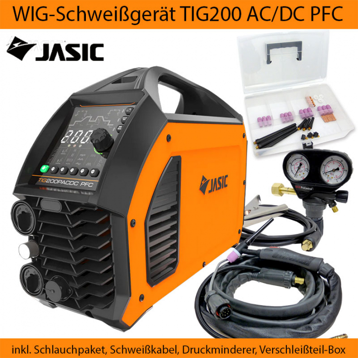 WIG Schweißgerät AC/DC Inverter + MMA 5-200A | JASIC TIG200PACDC PFC + Schlauchpaket SR17 + Zubehör