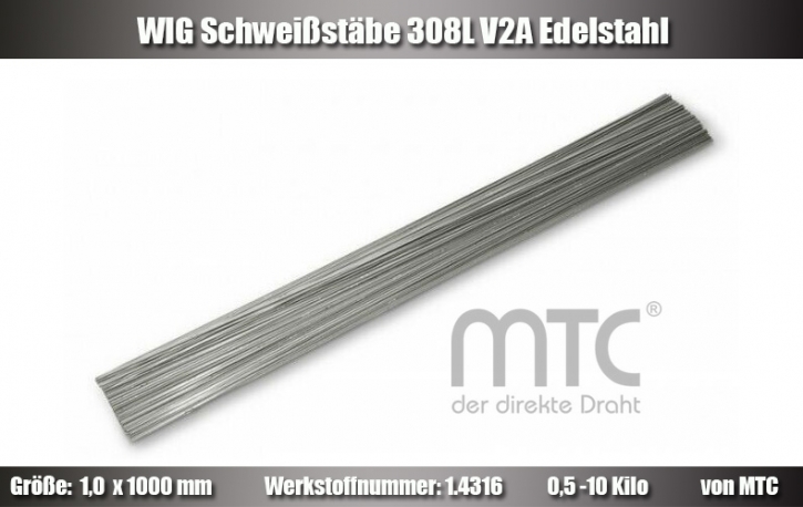 Edelstahl Schweißstäbe WIG MIG/MAG 308L V2A Edelstahl | Ø 1,0 - 3,2mm | L= 1000 | 0,5 - 10kg | Werkst.Nr 1.4316