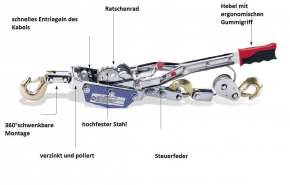 Seilzug mit Ratsche, Ratschenseilzug | Power Puller bis 4 Tonnen | Stahlseil 3m inkl. Stahlhaken